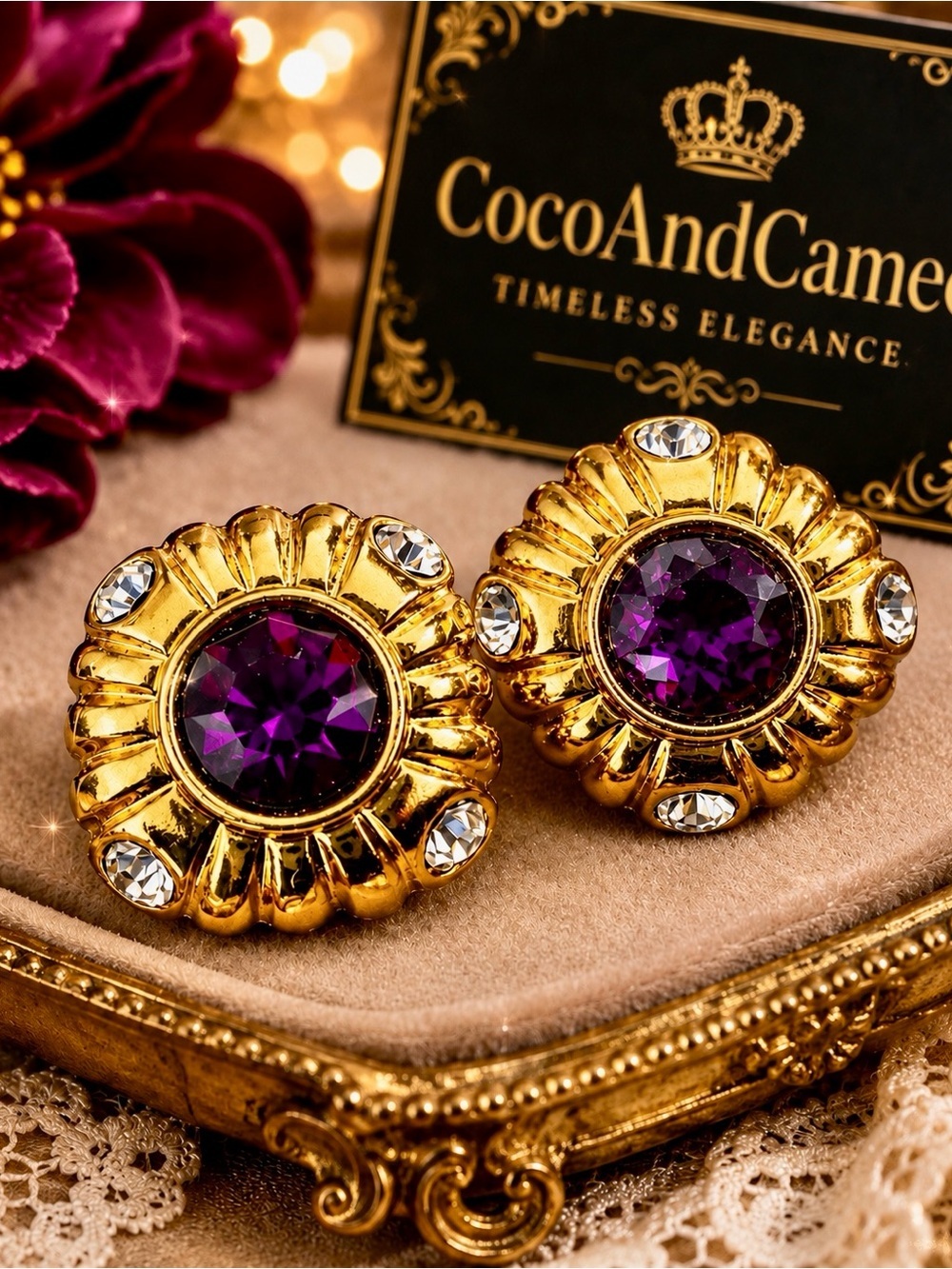 Joan Rivers Gold & Purple Crystal Statement Earrings | Vintage Luxe Chunky Chic